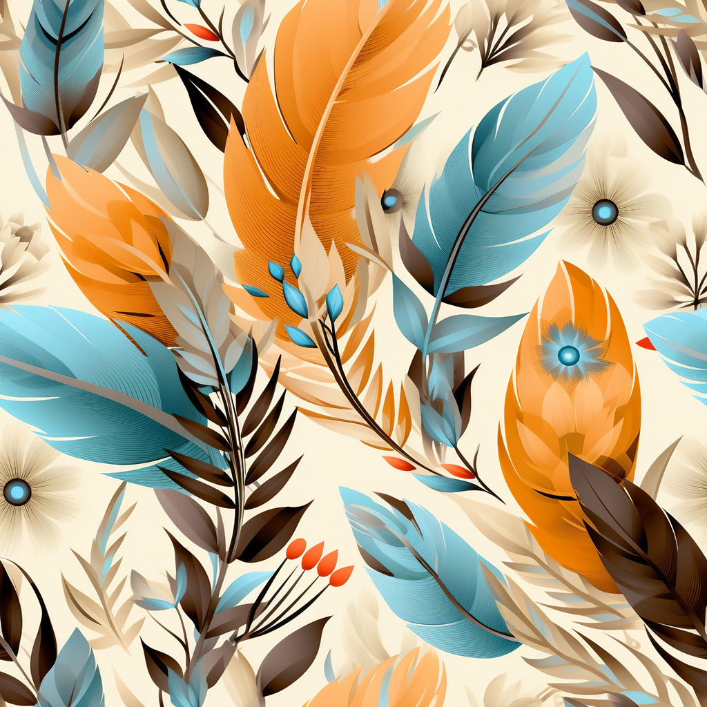 orange, teal blue, cream, beige, brown, feather pattern, aztec design, tribal motifs, geometric elements, eye symbols, decorative flourishes, boho style, southwestern theme,, fabric panel, earthy tones, native american inspired, ornamental design, artistic illustration, bohemian aesthetic