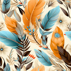 orange, teal blue, cream, beige, brown, feather pattern, aztec design, tribal motifs, geometric elements, eye symbols, decorative flourishes, boho style, southwestern theme,, fabric panel, earthy tones, native american inspired, ornamental design, artistic illustration, bohemian aesthetic