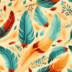 aztec feather pattern, turquoise, orange, coral red, cream background, floating feathers, native american inspired, geometric details,, fabric panel, southwestern style, tribal motifs, boho design, warm color palette, scattered arrangement, detailed plumage, ethnic pattern, crafting material, autumn tones