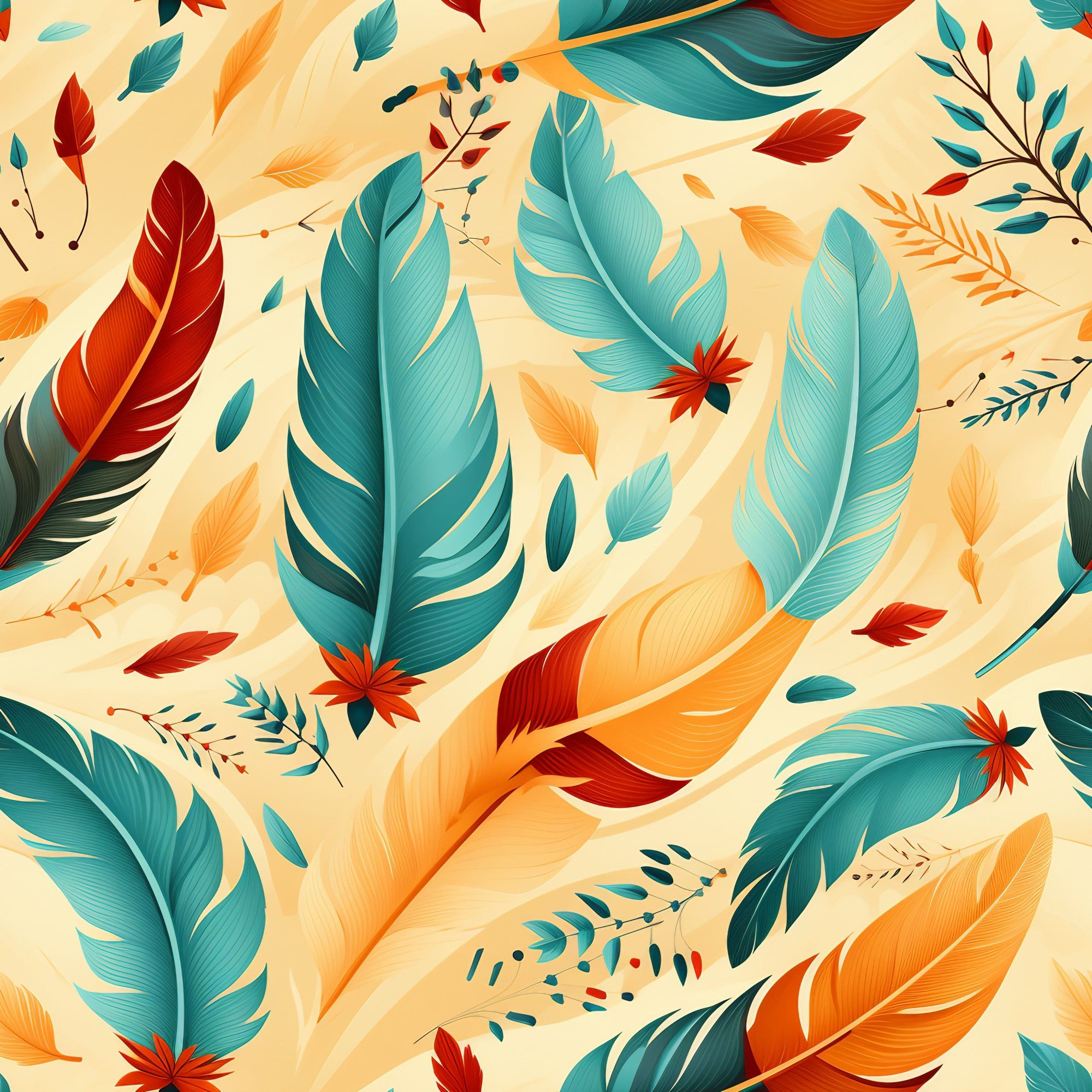 aztec feather pattern, turquoise, orange, coral red, cream background, floating feathers, native american inspired, geometric details,, fabric panel, southwestern style, tribal motifs, boho design, warm color palette, scattered arrangement, detailed plumage, ethnic pattern, crafting material, autumn tones
