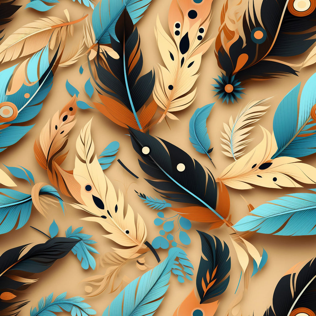 turquoise, orange, cream, black, feathers, aztec pattern, tribal design, geometric shapes, dots, circles, layered feathers,, fabric panel, southwestern style, boho pattern, feather motifs, warm tones, cool blues, decorative pattern, overlapping design