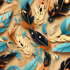 turquoise, orange, cream, black, feathers, aztec pattern, tribal design, geometric shapes, dots, circles, layered feathers,, fabric panel, southwestern style, boho pattern, feather motifs, warm tones, cool blues, decorative pattern, overlapping design