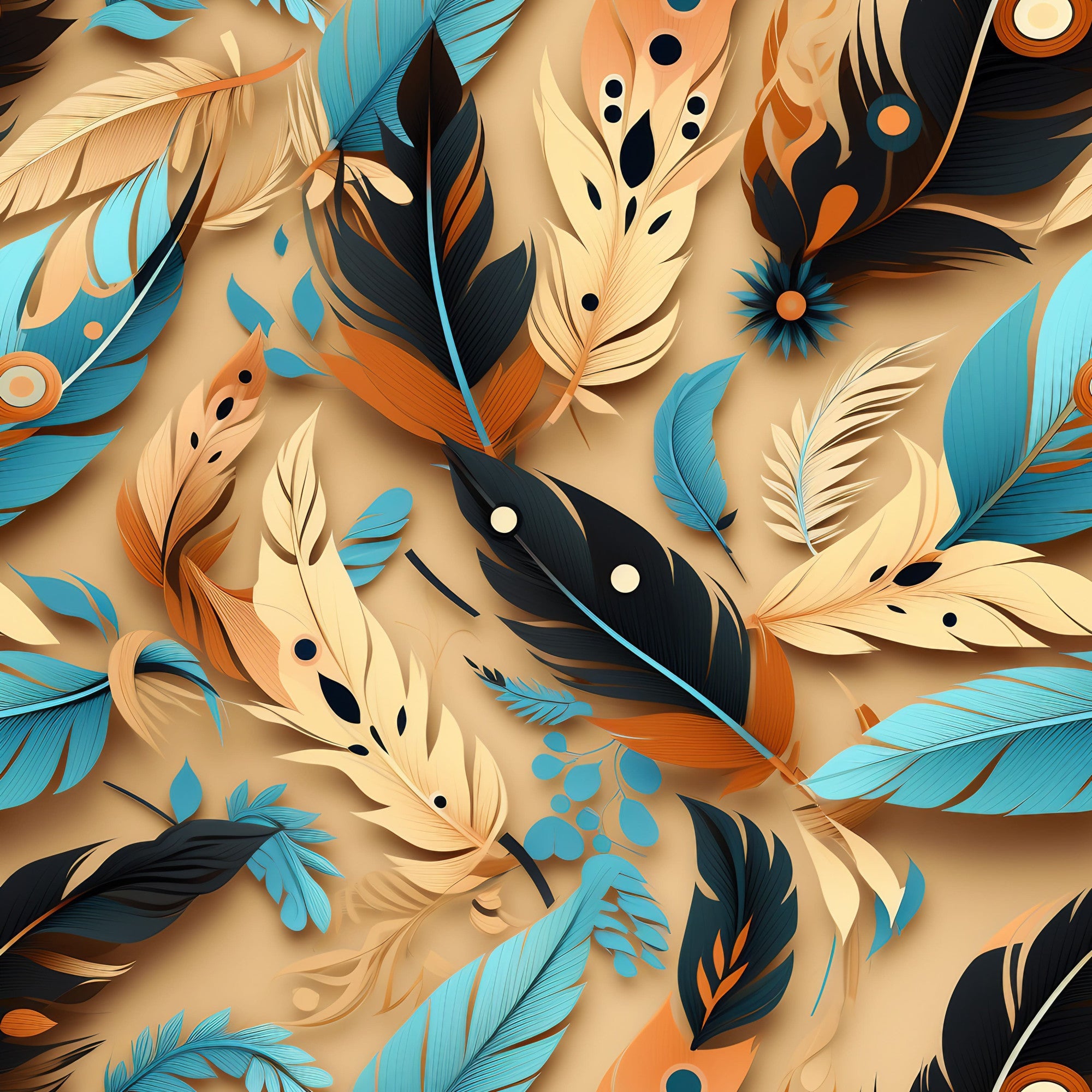 turquoise, orange, cream, black, feathers, aztec pattern, tribal design, geometric shapes, dots, circles, layered feathers,, fabric panel, southwestern style, boho pattern, feather motifs, warm tones, cool blues, decorative pattern, overlapping design