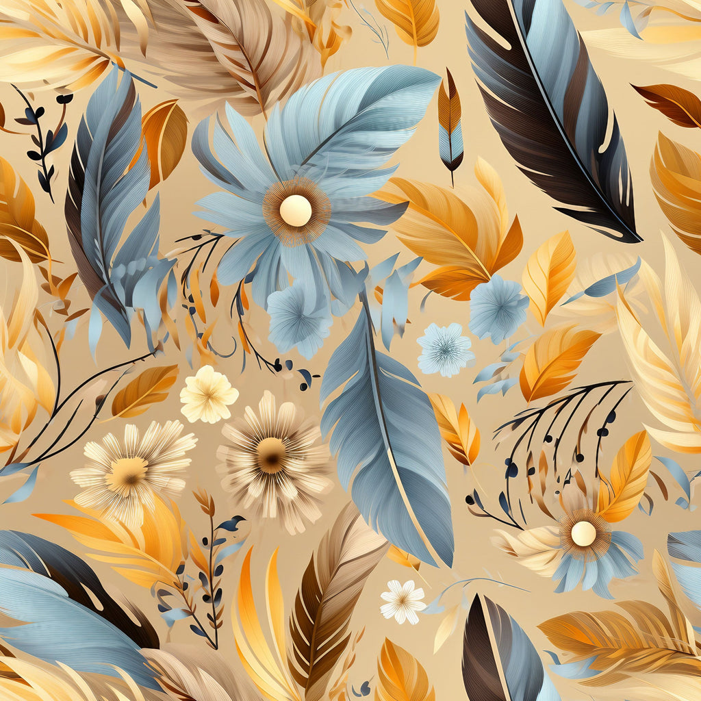feathers, floral motifs, blue gray, golden orange, cream beige, brown accents, aztec inspired, bohemian style,, fabric panel, daisy flowers, tropical leaves, organic pattern, warm earth tones, artistic design, boho chic, nature elements, decorative feathers, southwestern style, seamless repeat