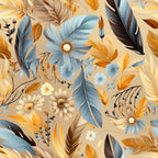 feathers, floral motifs, blue gray, golden orange, cream beige, brown accents, aztec inspired, bohemian style,, fabric panel, daisy flowers, tropical leaves, organic pattern, warm earth tones, artistic design, boho chic, nature elements, decorative feathers, southwestern style, seamless repeat