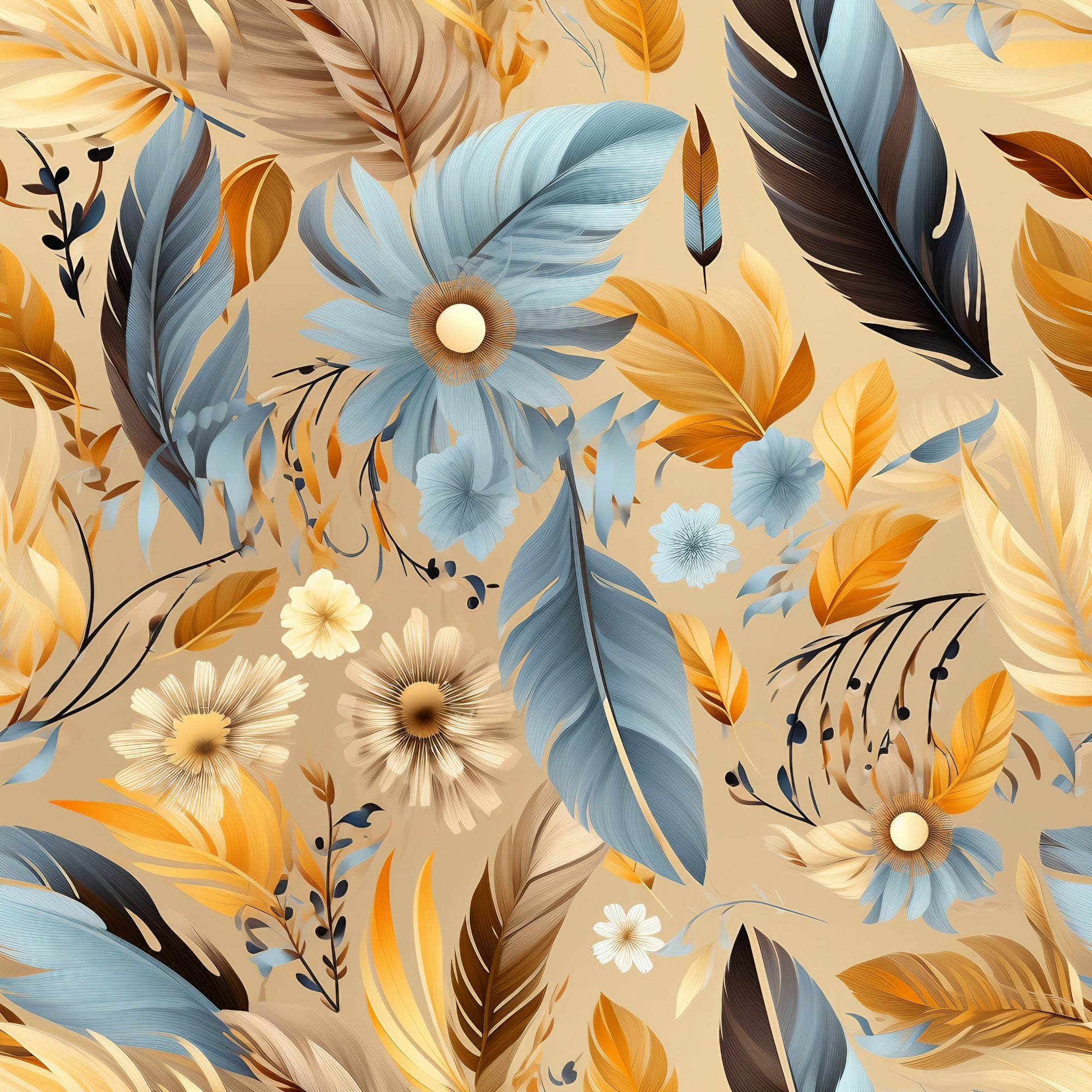 feathers, floral motifs, blue gray, golden orange, cream beige, brown accents, aztec inspired, bohemian style,, fabric panel, daisy flowers, tropical leaves, organic pattern, warm earth tones, artistic design, boho chic, nature elements, decorative feathers, southwestern style, seamless repeat