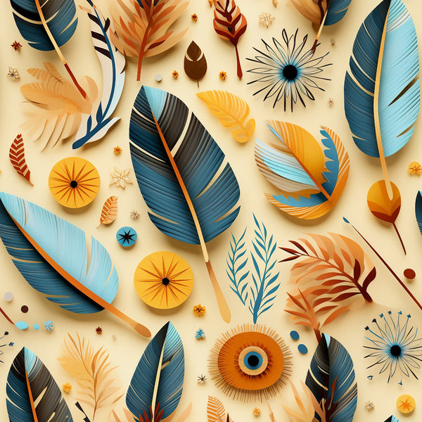 feathers, aztec pattern, teal blue, burnt orange, cream background, geometric shapes, tribal motifs, southwestern style,, fabric panel, decorative elements, folk art, ethnic design, turquoise, amber, natural forms, artistic arrangement, bohemian style, craft fabric, native inspired