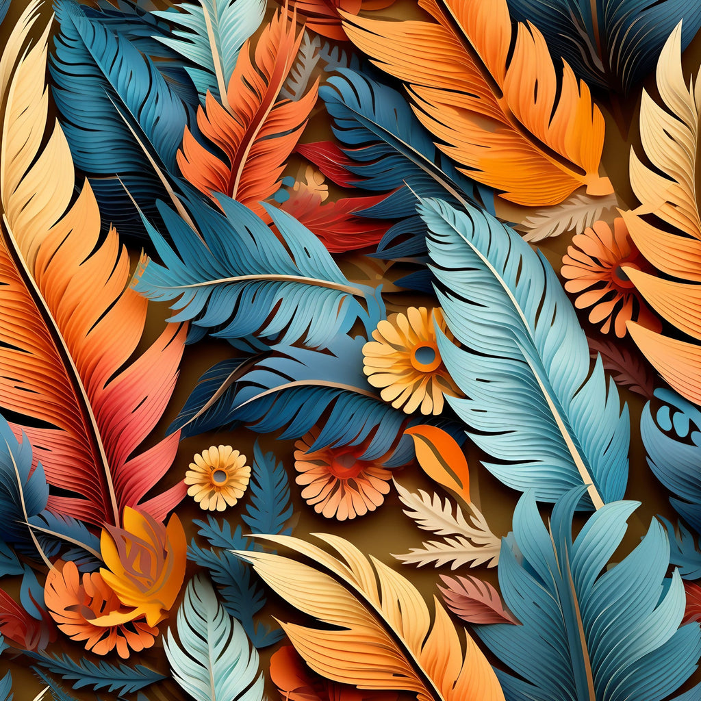 feathers, aztec pattern, orange, teal blue, coral, cream, beige, burgundy, layered feathers, overlapping design, tribal motif, southwestern style,, fabric panel, geometric elements, warm colors, cool colors, decorative pattern, indigenous inspired, artistic illustration