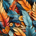 feathers, aztec pattern, orange, teal blue, coral, cream, beige, burgundy, layered feathers, overlapping design, tribal motif, southwestern style,, fabric panel, geometric elements, warm colors, cool colors, decorative pattern, indigenous inspired, artistic illustration