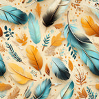 feathers, turquoise, orange, cream background, teal, amber, botanical elements, leaves, scattered pattern,, fabric panel, nature motif, bohemian style, southwestern design, tribal inspired, autumn colors, organic shapes, artistic illustration, craft fabric, dimensional feathers