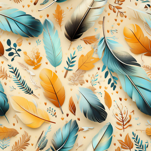 feathers, turquoise, orange, cream background, teal, amber, botanical elements, leaves, scattered pattern,, fabric panel, nature motif, bohemian style, southwestern design, tribal inspired, autumn colors, organic shapes, artistic illustration, craft fabric, dimensional feathers