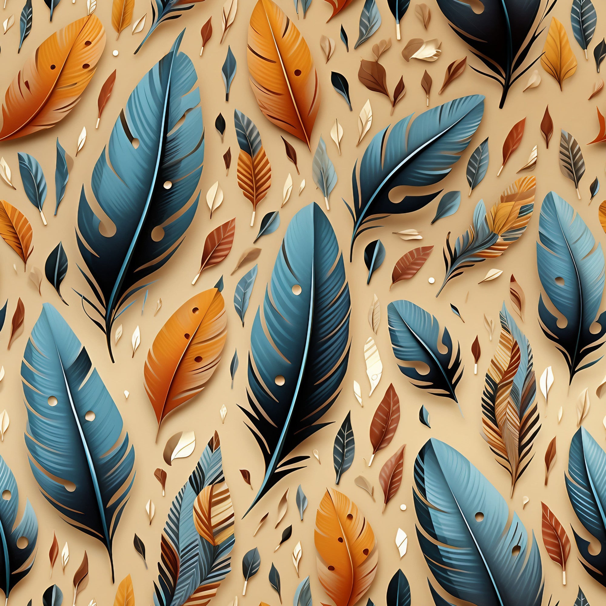 feathers, aztec pattern, orange feathers, blue feathers, black feathers, brown feathers, beige background,, fabric panel, geometric design, tribal motif, southwestern style, earthy tones, detailed illustration, crafting material, sewing fabric, decorative feathers, indigenous inspired, warm colors, artistic pattern