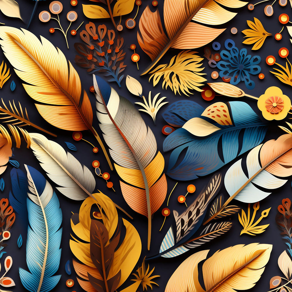 feathers, aztec pattern, navy blue, golden yellow, orange, teal blue, cream, burgundy, tribal design, geometric elements, native american inspired, bohemian style,, fabric panel, decorative motifs, southwestern theme, earthy tones, intricate details, ethnic pattern, artistic illustration
