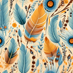 teal, orange, cream, feathers, botanical, leaves, berries, boho, southwestern,, fabric panel, geometric circles, nature motifs, earthy tones, tribal pattern, decorative elements, flowing design, organic shapes, peacock feathers, autumn colors