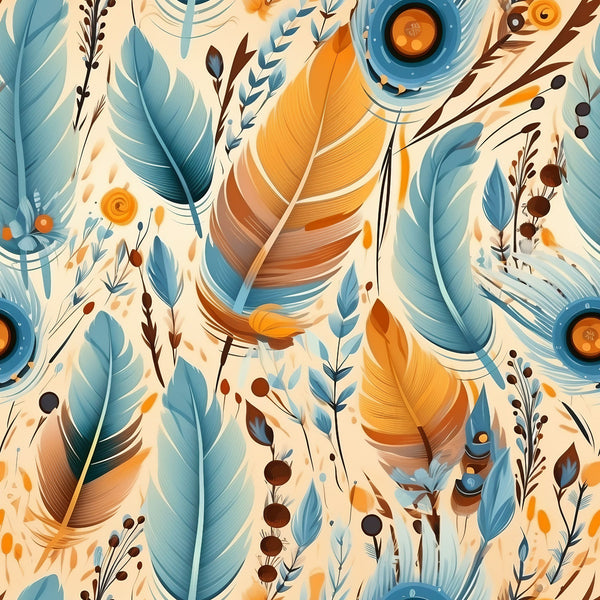 teal, orange, cream, feathers, botanical, leaves, berries, boho, southwestern,, fabric panel, geometric circles, nature motifs, earthy tones, tribal pattern, decorative elements, flowing design, organic shapes, peacock feathers, autumn colors