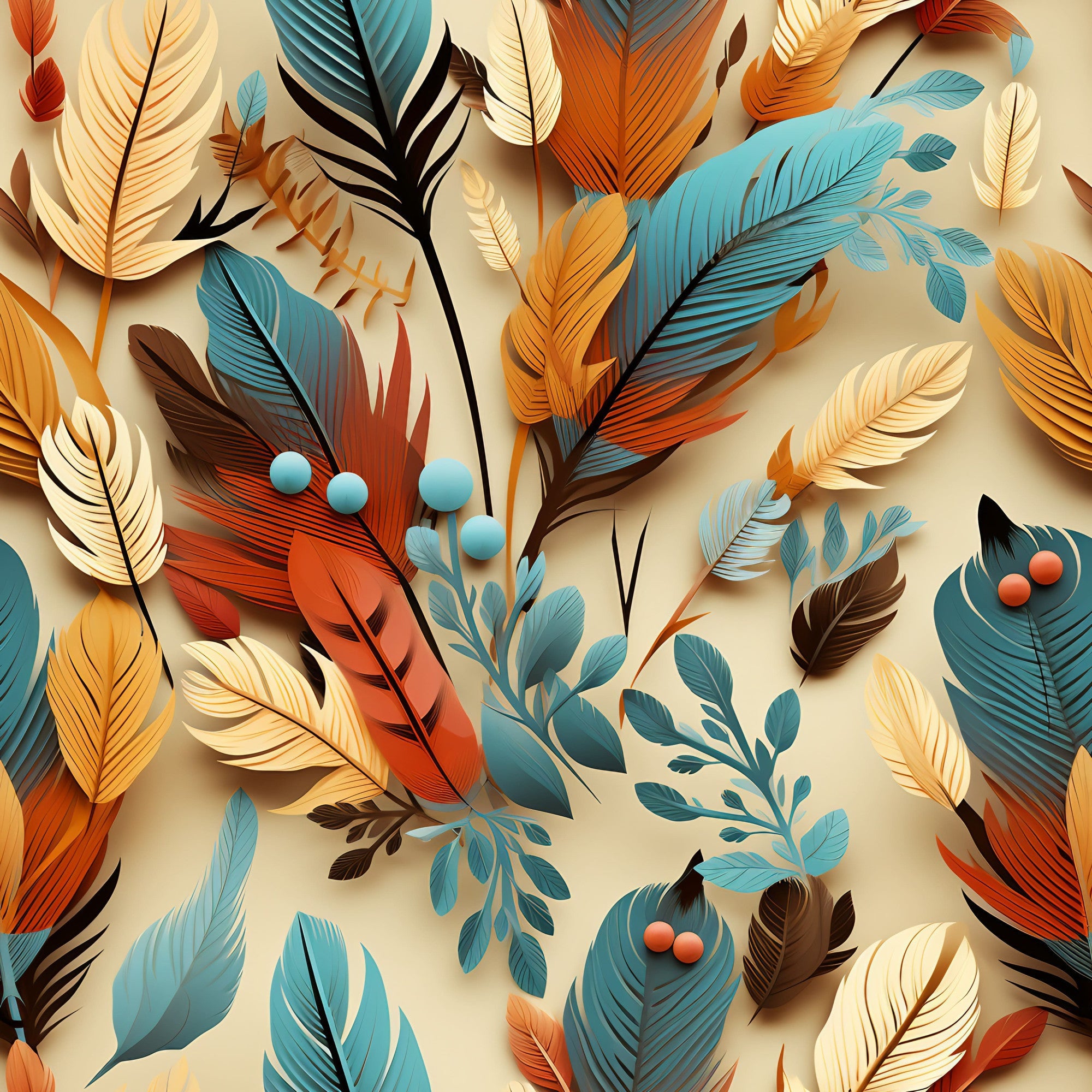 teal, orange, cream, beige, feathers, botanical elements, berries, leaves, nature motif, layered design,, fabric panel, autumn colors, earthy tones, scattered pattern, organic shapes, dimensional effect, crafting material, sewing fabric, warm palette