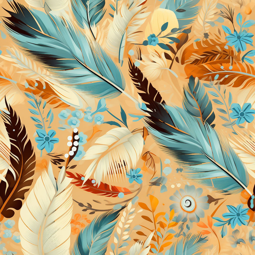 aztec feathers, turquoise blue, peach orange, cream white, dark brown, tropical pattern, feather motifs, floral elements, boho style, southwestern design,, fabric panel, nature inspired, warm tones, cool blues, artistic illustration, decorative pattern, craft fabric, sewing material