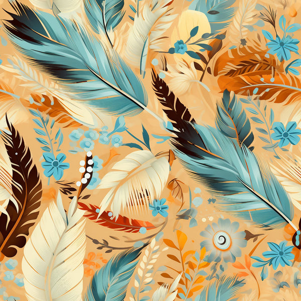 aztec feathers, turquoise blue, peach orange, cream white, dark brown, tropical pattern, feather motifs, floral elements, boho style, southwestern design,, fabric panel, nature inspired, warm tones, cool blues, artistic illustration, decorative pattern, craft fabric, sewing material