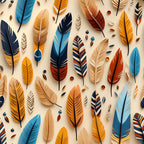 feathers, aztec pattern, orange, blue, beige, navy, rust red, geometric design, native american, tribal motif,, fabric panel, southwestern style, earth tones, decorative feathers, boho style, autumn colors, craft fabric, sewing material, ethnic pattern