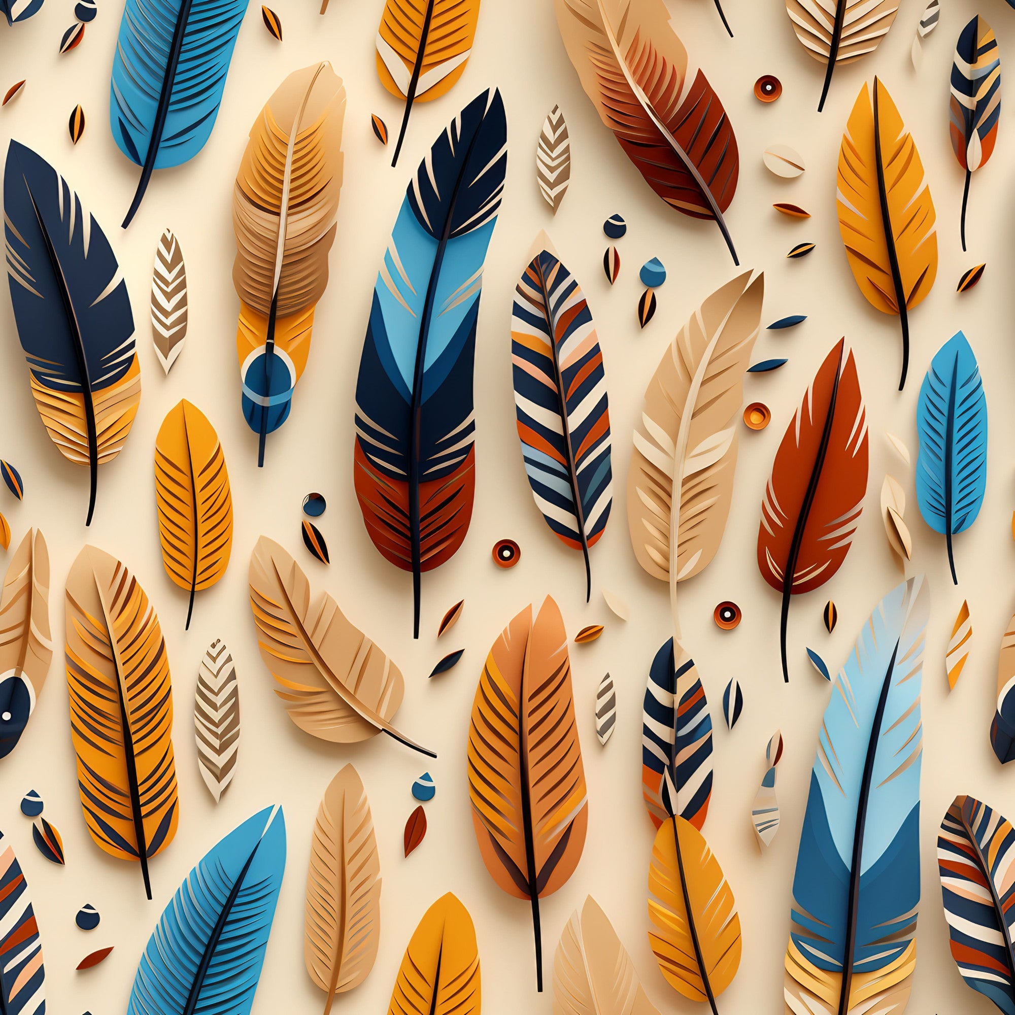 feathers, aztec pattern, orange, blue, beige, navy, rust red, geometric design, native american, tribal motif,, fabric panel, southwestern style, earth tones, decorative feathers, boho style, autumn colors, craft fabric, sewing material, ethnic pattern
