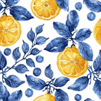blue leaves, yellow lemons, citrus slices, orange segments, watercolor style, botanical pattern, fruit motif, navy blue, golden yellow, white background,, fabric panel, mediterranean inspired, azulejo tiles, branch design, small berries, artistic florals, fresh citrus, hand painted look, seamless repeat