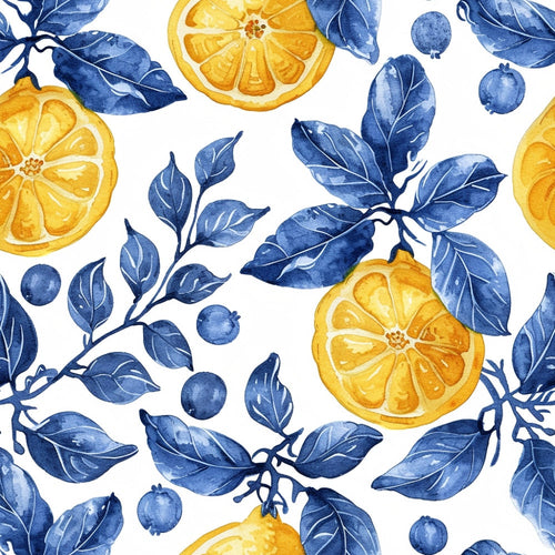 blue leaves, yellow lemons, citrus slices, orange segments, watercolor style, botanical pattern, fruit motif, navy blue, golden yellow, white background,, fabric panel, mediterranean inspired, azulejo tiles, branch design, small berries, artistic florals, fresh citrus, hand painted look, seamless repeat