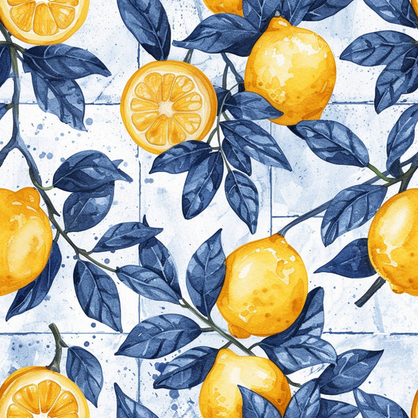 yellow, orange, blue, navy blue, white, lemons, citrus fruits, leaves, botanical, watercolor style, mediterranean, azulejo tiles, fruit pattern, repeating pattern,, fabric panel, fresh, summer vibes, kitchen theme, nature inspired