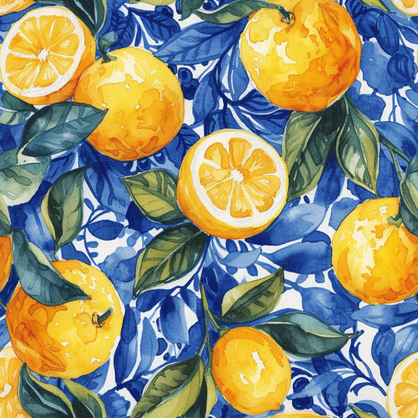bright yellow, vibrant blue, orange citrus, green leaves, watercolor style, botanical pattern, lemon slices, whole lemons, mediterranean inspired, tropical fruit, artistic florals,, fabric panel, summer motif, citrus grove, hand painted look, fresh fruit design, azulejo tiles, portuguese influence