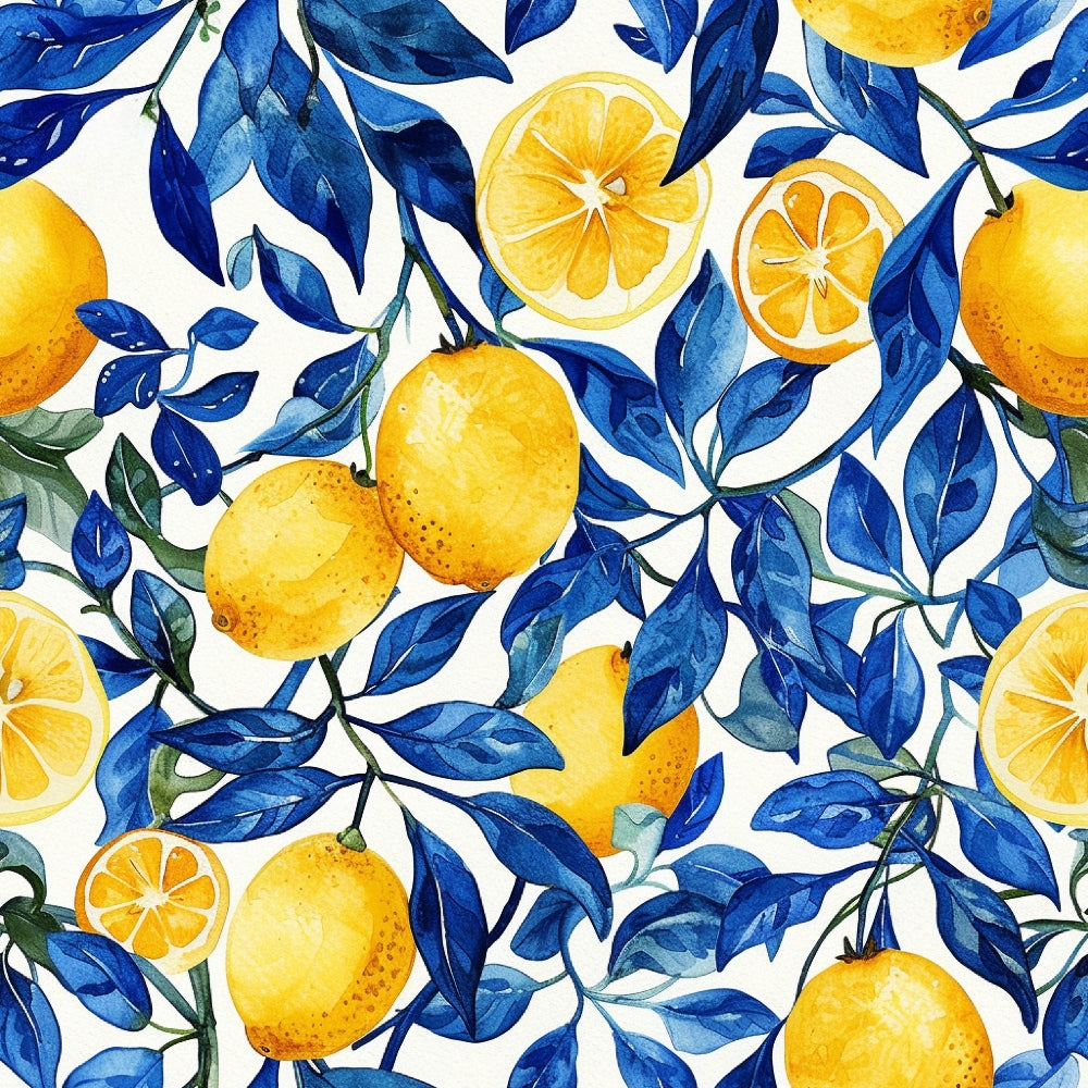 yellow lemons, blue leaves, white background, watercolor style, citrus fruit, botanical pattern, seamless design,, fabric panel, lemon slices, azure blue, golden yellow, mediterranean theme, fruit motif, artistic illustration, summer vibes, fresh citrus, decorative pattern, natural elements, vibrant colors