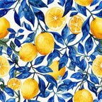 yellow lemons, blue leaves, white background, watercolor style, citrus fruit, botanical pattern, seamless design,, fabric panel, lemon slices, azure blue, golden yellow, mediterranean theme, fruit motif, artistic illustration, summer vibes, fresh citrus, decorative pattern, natural elements, vibrant colors