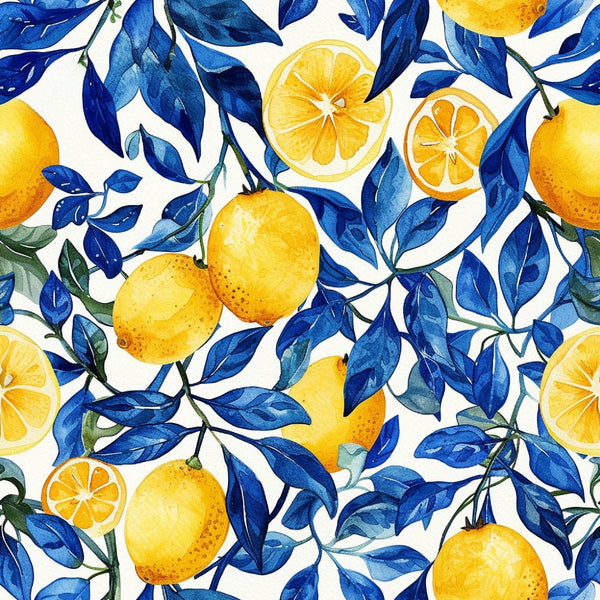 yellow lemons, blue leaves, white background, watercolor style, citrus fruit, botanical pattern, seamless design,, fabric panel, lemon slices, azure blue, golden yellow, mediterranean theme, fruit motif, artistic illustration, summer vibes, fresh citrus, decorative pattern, natural elements, vibrant colors