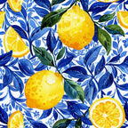 lemon pattern, citrus fruits, blue leaves, yellow oranges, botanical design, mediterranean style, azulejo inspired, watercolor effect,, fabric panel, bright yellow, cobalt blue, green foliage, fruit slices, decorative florals, summer theme, vibrant colors, portuguese tiles, seamless repeat, tropical motifs