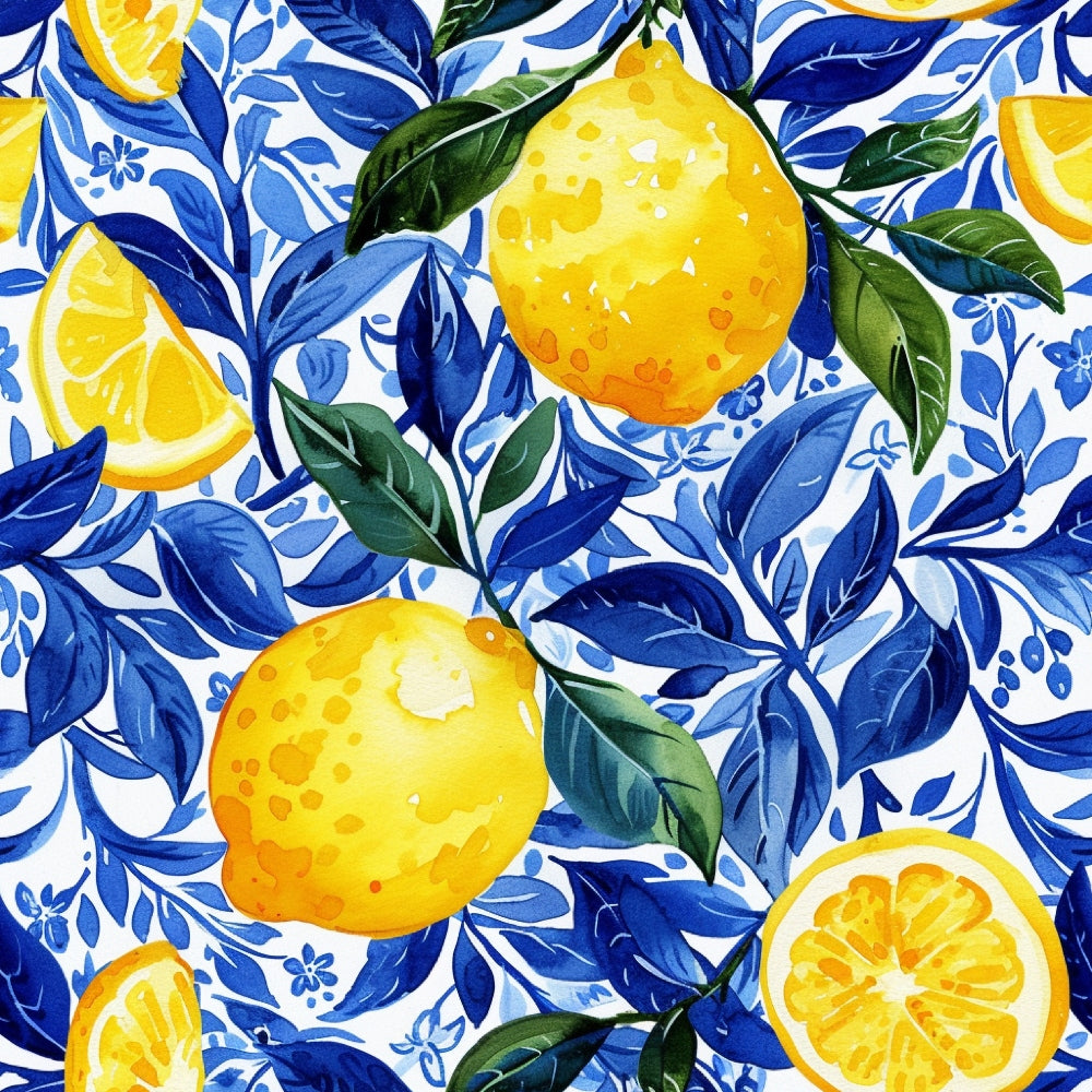 lemon pattern, citrus fruits, blue leaves, yellow oranges, botanical design, mediterranean style, azulejo inspired, watercolor effect,, fabric panel, bright yellow, cobalt blue, green foliage, fruit slices, decorative florals, summer theme, vibrant colors, portuguese tiles, seamless repeat, tropical motifs