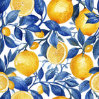 yellow lemons, blue leaves, orange citrus, watercolor style, botanical pattern, fruit motif, lemon slices, citrus grove, navy blue, golden yellow, white background, repeating pattern,, fabric panel, mediterranean inspired, fresh summer, citrus branches, artistic illustration, vibrant colors, botanical design