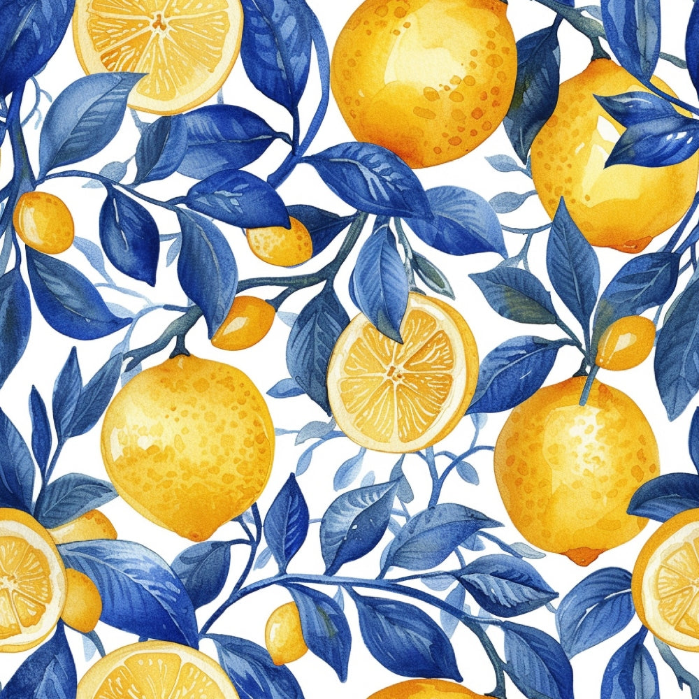yellow lemons, blue leaves, orange citrus, watercolor style, botanical pattern, fruit motif, lemon slices, citrus grove, navy blue, golden yellow, white background, repeating pattern,, fabric panel, mediterranean inspired, fresh summer, citrus branches, artistic illustration, vibrant colors, botanical design
