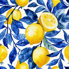 yellow lemons, blue leaves, citrus fruits, watercolor style, botanical pattern, seamless design, bright yellow, navy blue, cobalt blue, lemon slices, fruit branches, mediterranean inspired, summer vibes, fresh citrus,, fabric panel, artistic illustration, nature motif, vibrant colors, white background