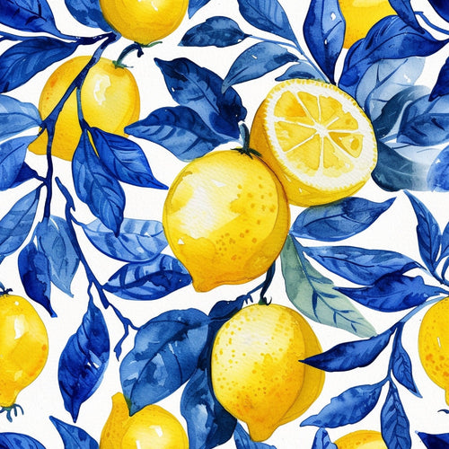 yellow lemons, blue leaves, citrus fruits, watercolor style, botanical pattern, seamless design, bright yellow, navy blue, cobalt blue, lemon slices, fruit branches, mediterranean inspired, summer vibes, fresh citrus,, fabric panel, artistic illustration, nature motif, vibrant colors, white background