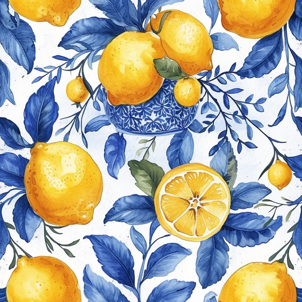 yellow lemons, bright orange, cobalt blue, azure blue, white background, watercolor style, botanical pattern, citrus fruits, decorative bowl, blue leaves, lemon slices, mediterranean inspired, fresh fruit motif,, fabric panel, floral elements, kitchen theme, summer vibes, artistic illustration, repeating pattern
