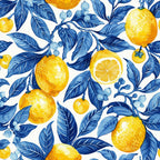 yellow lemons, blue leaves, citrus fruits, botanical pattern, watercolor style, mediterranean design, azure blue, golden yellow, white background, repeating pattern,, fabric panel, fruit motifs, lemon slices, vine pattern, portuguese tiles, azulejo inspired, bright colors, summer theme, kitchen fabric