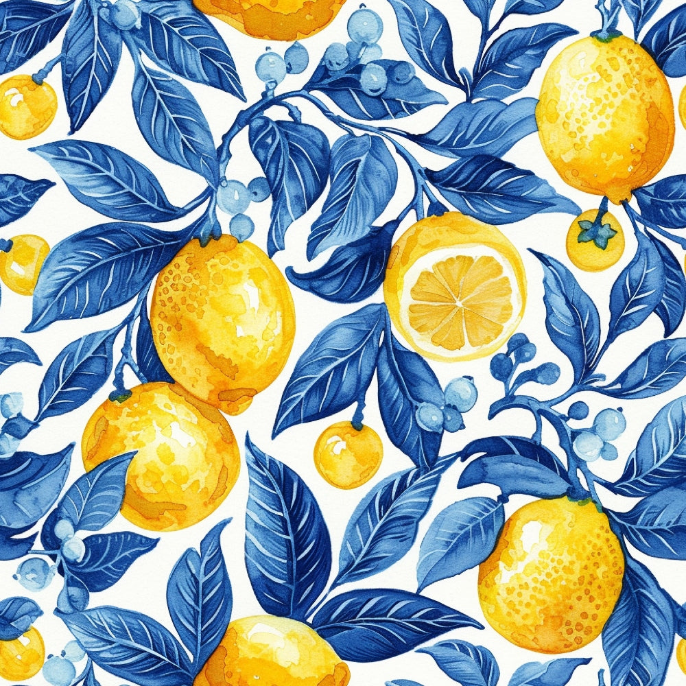 yellow lemons, blue leaves, citrus fruits, botanical pattern, watercolor style, mediterranean design, azure blue, golden yellow, white background, repeating pattern,, fabric panel, fruit motifs, lemon slices, vine pattern, portuguese tiles, azulejo inspired, bright colors, summer theme, kitchen fabric