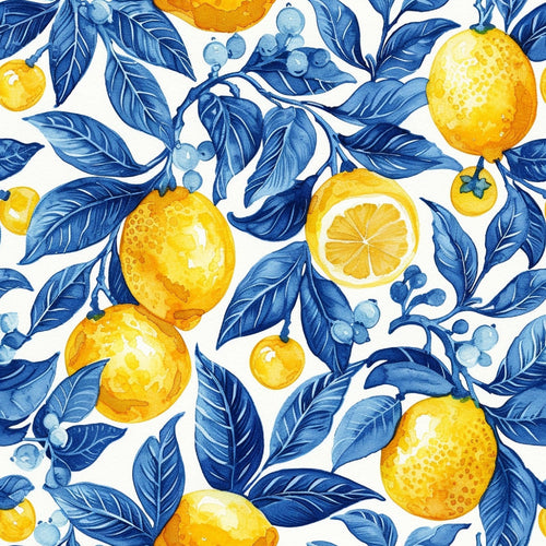 yellow lemons, blue leaves, citrus fruits, botanical pattern, watercolor style, mediterranean design, azure blue, golden yellow, white background, repeating pattern,, fabric panel, fruit motifs, lemon slices, vine pattern, portuguese tiles, azulejo inspired, bright colors, summer theme, kitchen fabric