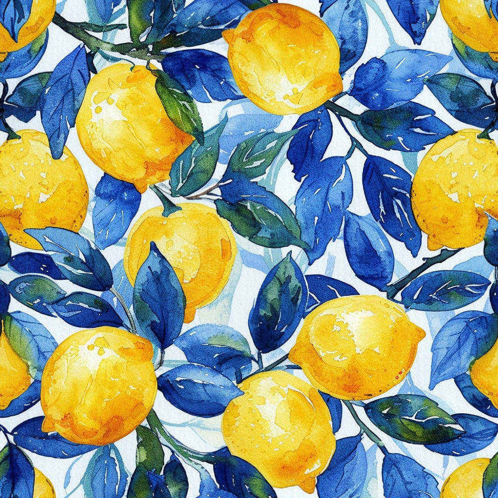 bright yellow, deep blue, watercolor style, lemon pattern, citrus fruits, botanical design, blue leaves, repeating pattern,, fabric panel, mediterranean style, azulejo inspired, artistic painting, vibrant colors, fruit motif, summer theme, nature pattern, hand-painted look, decorative fabric