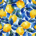 bright yellow, deep blue, watercolor style, lemon pattern, citrus fruits, botanical design, blue leaves, repeating pattern,, fabric panel, mediterranean style, azulejo inspired, artistic painting, vibrant colors, fruit motif, summer theme, nature pattern, hand-painted look, decorative fabric
