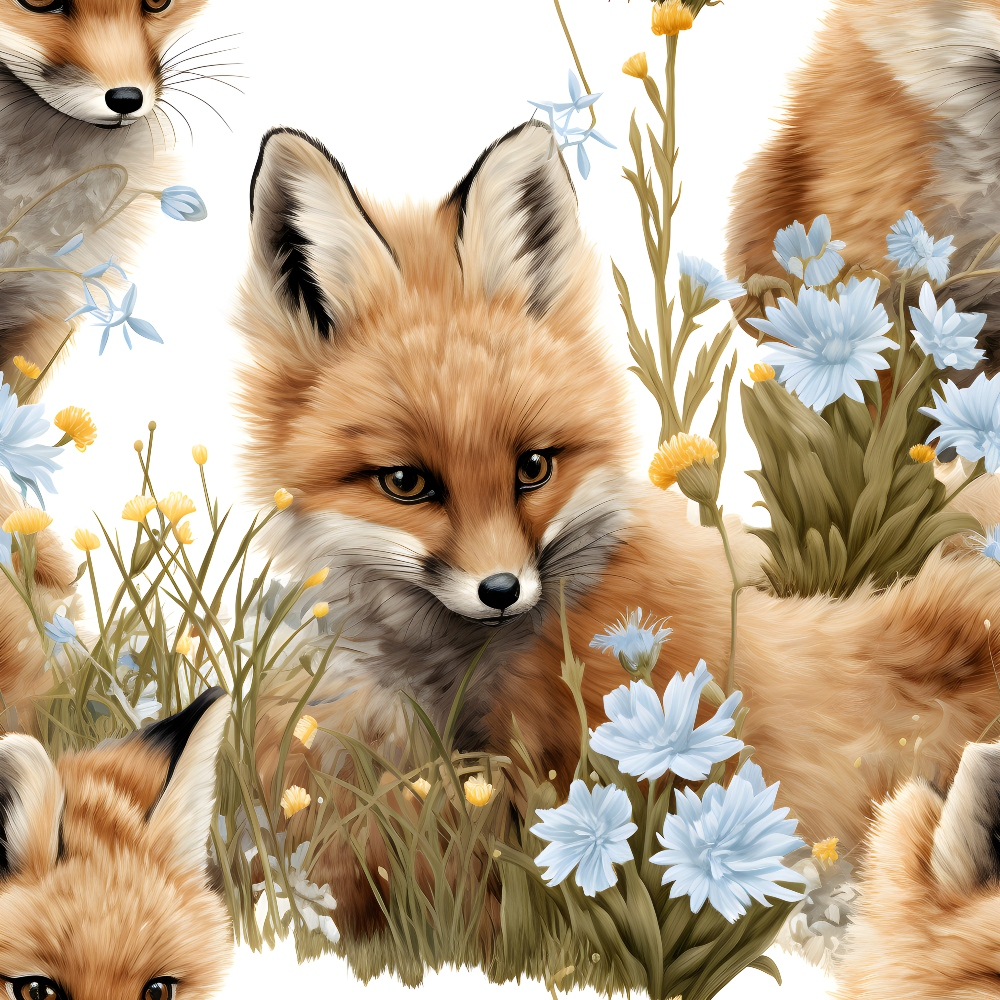 baby foxes, orange fur, cream white, pale blue flowers, yellow centers, green grass, woodland animals, cute faces, pointed ears, fluffy tails, nature scene, wildflowers, meadow setting, realistic illustration,, fabric panel, nursery theme, forest creatures, soft colors, botanical elements
