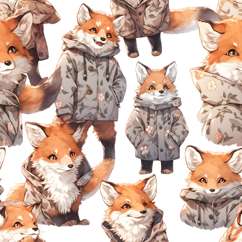 orange foxes, baby animals, hooded jackets, floral pattern,, fabric panel, cute woodland, winter clothing, red fox, white background, children's fabric, animal characters, soft pastels, whimsical illustration, nature theme, forest animals, cozy outerwear, repetitive pattern, craft fabric, sewing material