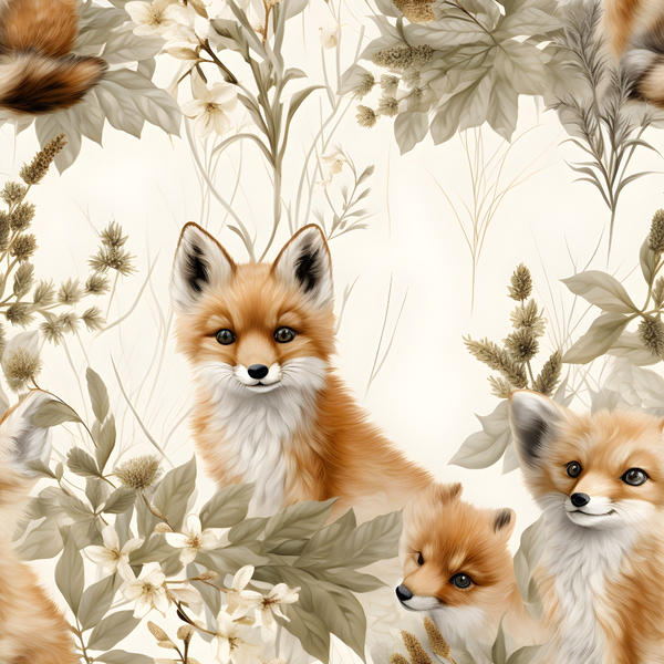 baby foxes, orange fur, cream background, botanical elements, sage green leaves, white flowers, wheat stalks, neutral tones, woodland animals, nature pattern,, fabric panel, soft palette, floral motifs, rustic style, nursery theme, fox cubs, natural elements, muted colors, organic design