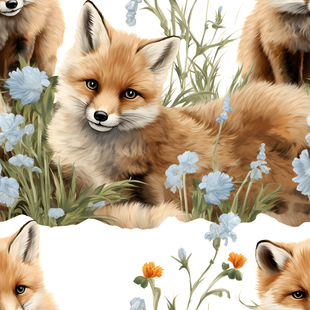 baby foxes, red fox, orange fur, amber eyes, blue flowers, white flowers, green foliage, grass, botanical elements, wildlife, woodland animals, nature scene, realistic illustration, soft pastels,, fabric panel, nursery theme, animal pattern, floral accents, detailed artwork