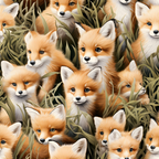 baby foxes, orange fur, white markings, blue eyes, grass pattern, nature scene, realistic illustration, woodland animals,, fabric panel, earthy tones, olive green, russet orange, cream white, wildlife motif, fox kits, detailed artwork, animal faces, natural habitat, repeating pattern