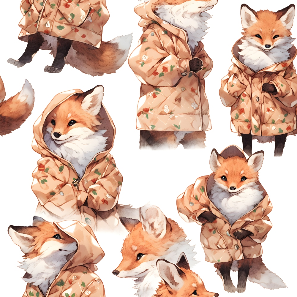 baby foxes, orange foxes, peach hoodies, floral hoodies, cute animals, watercolor style,, fabric panel, woodland creatures, kawaii art, anthropomorphic foxes, soft pastels, children's fabric, nursery fabric, animal clothing, whimsical illustration, fox characters, cotton fabric, quilting material, adorable animals