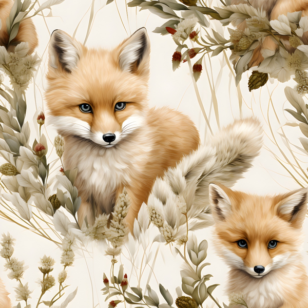baby foxes, red foxes, orange fur, cream background, blue eyes, botanical elements, wildflowers, grasses, nature scene,, fabric panel, woodland animals, soft pastels, realistic illustration, floral accents, autumn tones, fox cubs, meadow plants, artistic rendering, wildlife motif